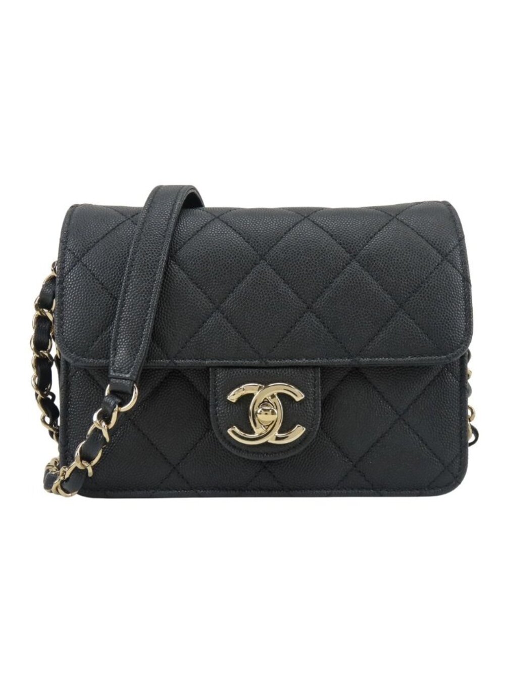 Chanel Shoulder Bag Mini Flap Caviar Leather Black Gold Crossbody Chain CC Logo